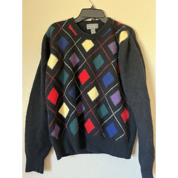 Vintage 1980s/90s Lord & Taylor 100% Cashmere Black Argyle  Sweater Sz M - Picture 1 of 6